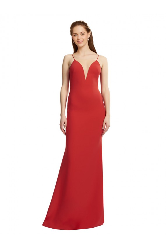 Rouge Sirène Bretelles spaghetti Col V Crêpe Stretch Longue Formelles Robes demoiselle d'honneur / Robes de soirée / Robes de bal à Vendre