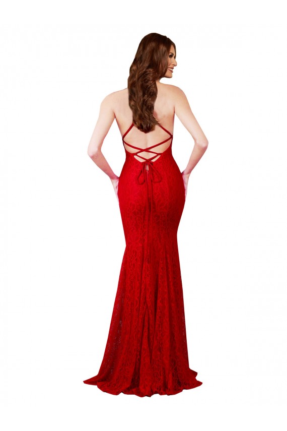 Rouge Sirène Col V Dentelle Longue Formelles Robes demoiselle d'honneur / Robes de soirée / Robes de bal à Vendre