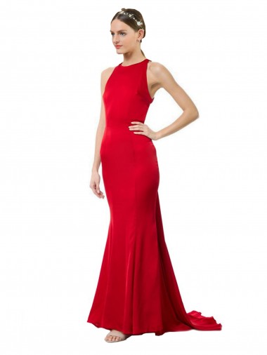 Rouge Sirène Licou Col Haut Crêpe Stretch Longue Formelles Robes demoiselle d'honneur / Robes de soirée / Robes de bal à Vendre