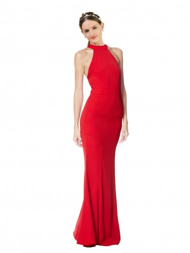 Rouge Sirène Licou Col Haut Crêpe Stretch Longue Formelles Robes demoiselle d'honneur / Robes de soirée / Robes de bal à Vendre