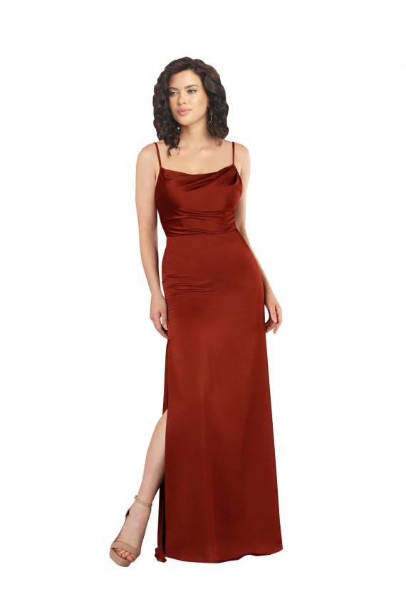 Rouge Trapèze Bretelles spaghetti Col Carré Satiné Soyeux Longue Formelles Robes demoiselle d'honneur / Robes de soirée / Robes de bal à Vendre