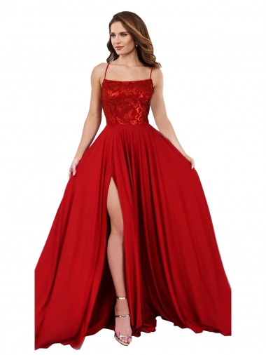 Rouge Trapèze Bretelles spaghetti Col Carré Spandex Dentelle Longue Robes demoiselle d'honneur / Robes de bal à Vendre