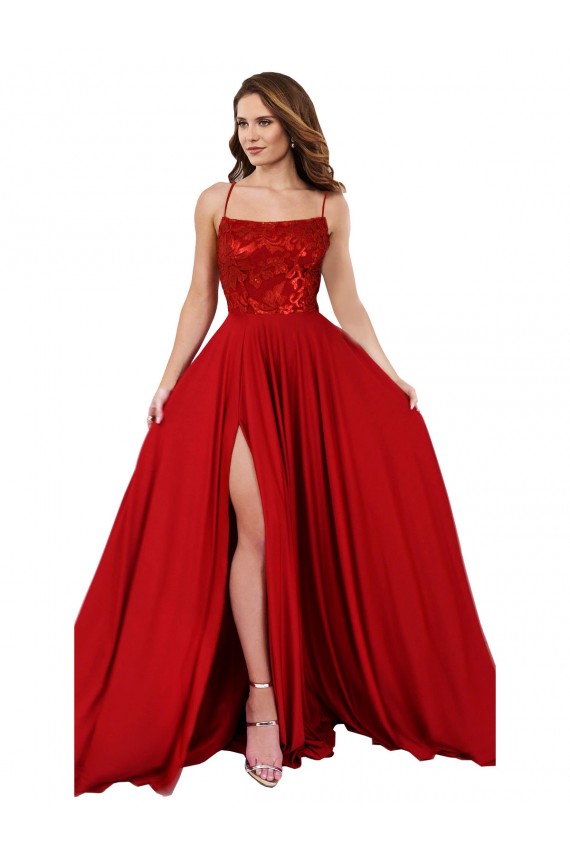 Rouge Trapèze Bretelles spaghetti Col Carré Spandex Dentelle Longue Robes demoiselle d'honneur / Robes de bal à Vendre