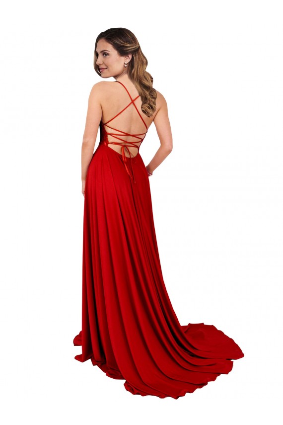Rouge Trapèze Bretelles spaghetti Col Carré Spandex Dentelle Longue Robes demoiselle d'honneur / Robes de bal à Vendre