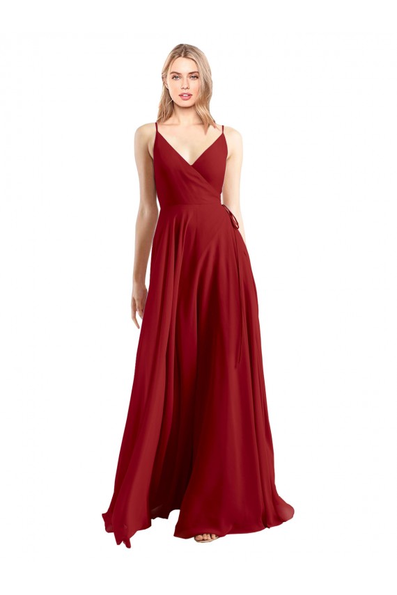 Rouge Trapèze Bretelles spaghetti Col V Mousseline Longue Robes demoiselle d'honneur à Vendre