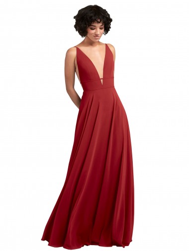 Rouge Trapèze Col V Mousseline Longue Robes demoiselle d'honneur à Vendre