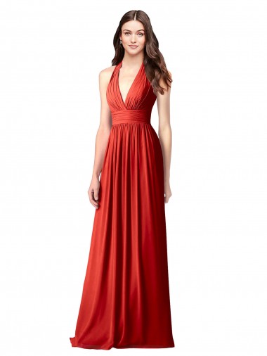 Rouge Trapèze Licou Col V Mousseline Longue Robes demoiselle d'honneur à Vendre