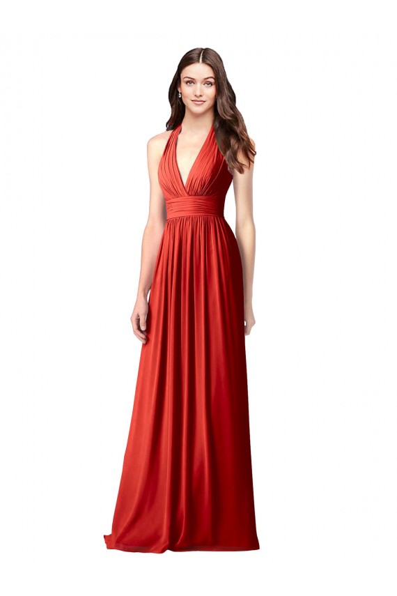 Rouge Trapèze Licou Col V Mousseline Longue Robes demoiselle d'honneur à Vendre