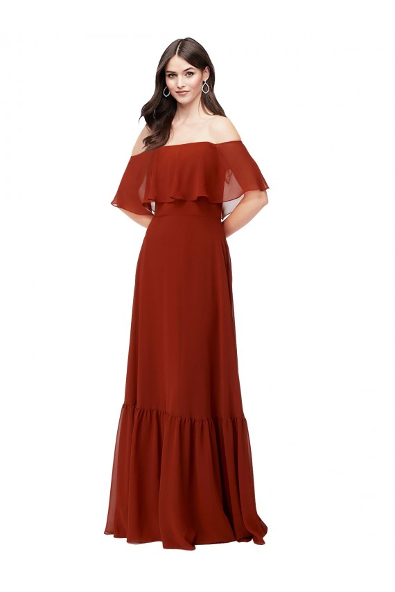 Rouge Trapèze Épaule Dénudée Mousseline Longue Robes demoiselle d'honneur à Vendre