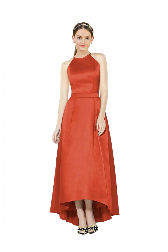 Rouge Épice Trapèze Licou Satiné Longue Asymétrique Robes demoiselle d'honneur à Vendre