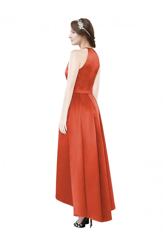 Rouge Épice Trapèze Licou Satiné Longue Asymétrique Robes demoiselle d'honneur à Vendre