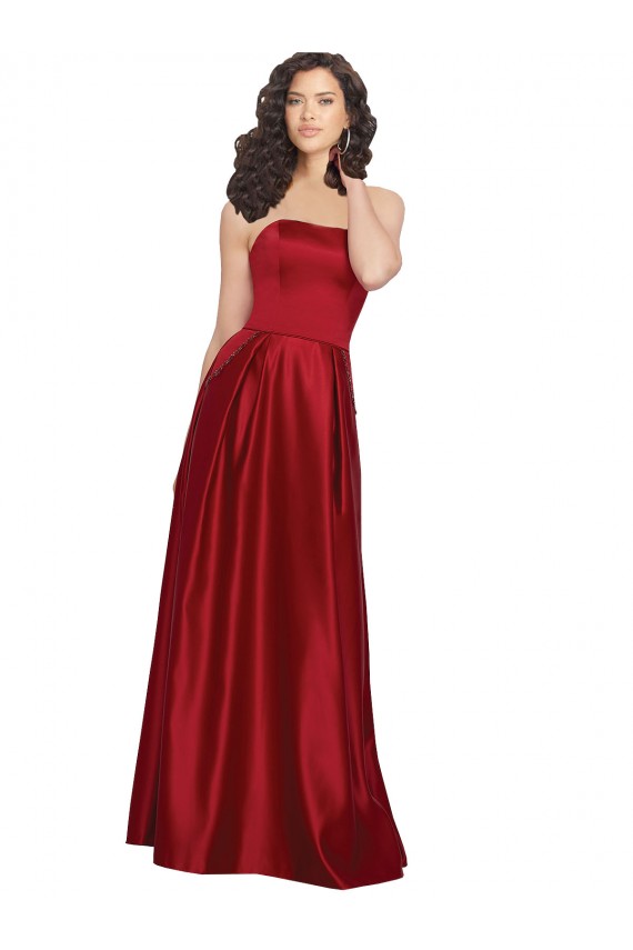 Rouge foncé Trapèze Sans bretelle Satiné Longue Robes demoiselle d'honneur / Robes de bal à Vendre