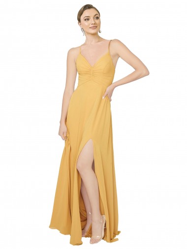 Safran Trapèze Col V Mousseline Longue Robes demoiselle d'honneur à Vendre