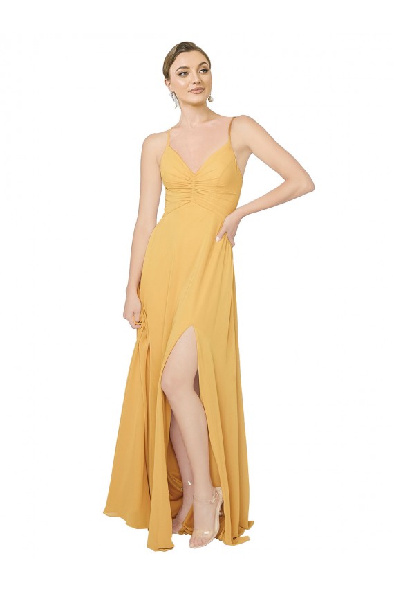 Safran Trapèze Col V Mousseline Longue Robes demoiselle d'honneur à Vendre