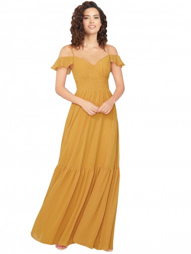 Safran Trapèze Col V Mousseline Longue Robes demoiselle d'honneur à Vendre