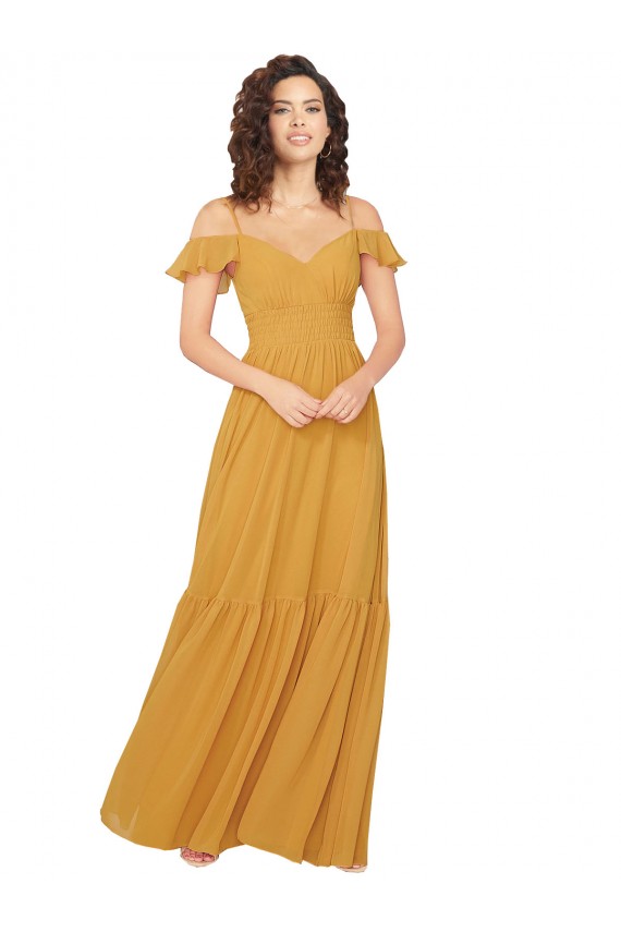 Safran Trapèze Col V Mousseline Longue Robes demoiselle d'honneur à Vendre