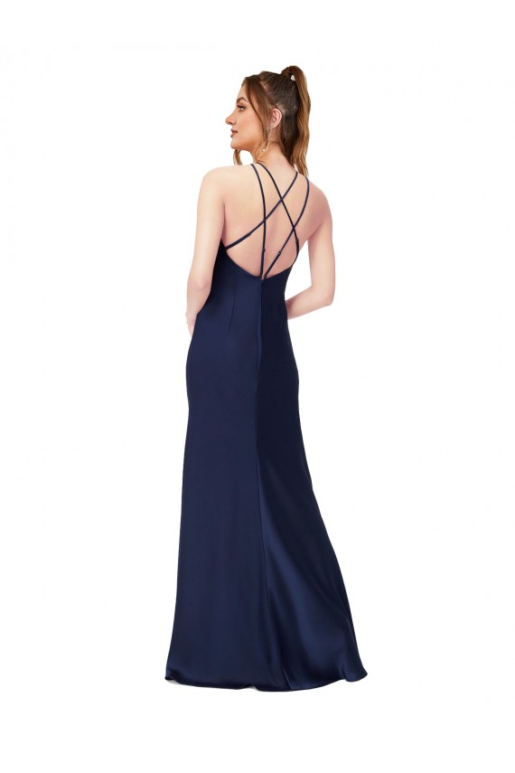 Saphir Fourreau Col Haut Satiné Soyeux Longue Formelles Robes demoiselle d'honneur / Robes de soirée / Robes de bal à Vendre