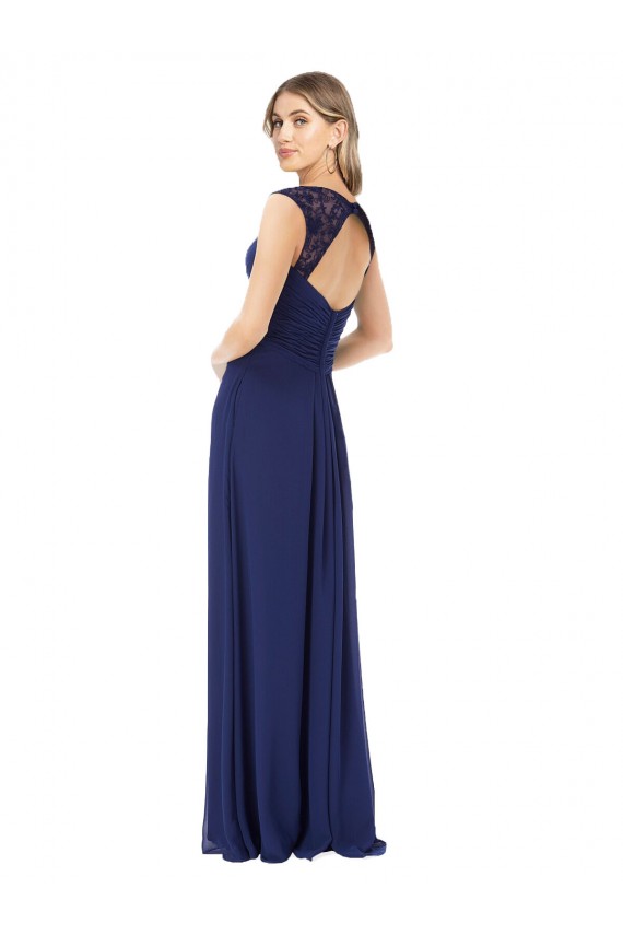 Saphir Trapèze Col V Mousseline Longue Robes demoiselle d'honneur à Vendre