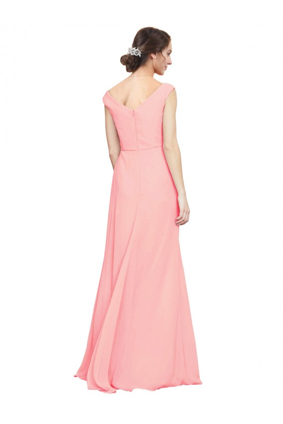 Saumon Trapèze Col V Mousseline Longue Robes demoiselle d'honneur à Vendre