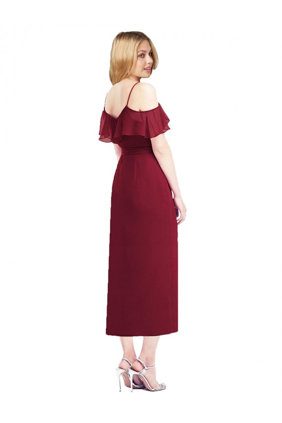 Saumon Trompette Bretelles spaghetti Col V Mousseline Courte Asymétrique Robes demoiselle d'honneur à Vendre
