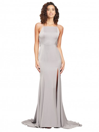 Trapèze Col Haut Balayage train Satiné Stretch Longue Formelles Robes demoiselle d'honneur / Robes de soirée / Robes de bal à Vendre