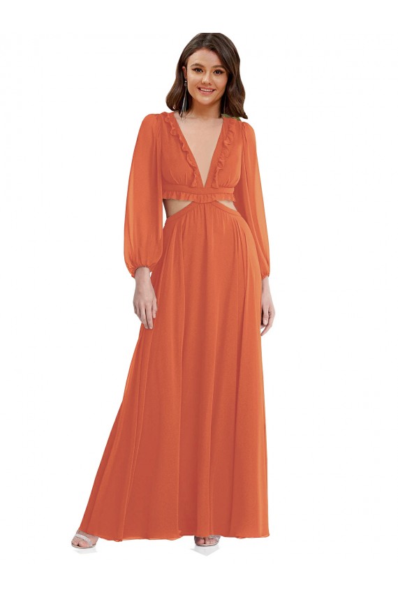 Trapèze Col V Mousseline Longue Asymétrique Robes demoiselle d'honneur à Vendre