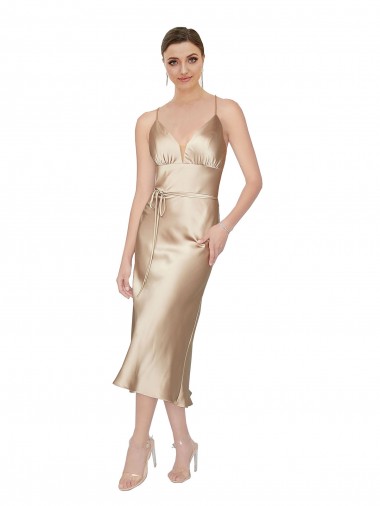 Trapèze Col V midi Satiné Soyeux Courte Robes demoiselle d'honneur / Robes de soirée / Robes de cocktail à Vendre
