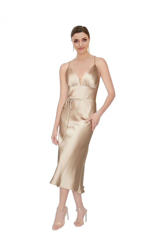 Trapèze Col V midi Satiné Soyeux Courte Robes demoiselle d'honneur / Robes de soirée / Robes de cocktail à Vendre