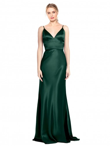 Vert Chasseur Fourreau Bretelles spaghetti Col V Satiné Stretch Longue Formelles Robes demoiselle d'honneur / Robes de soirée / Robes de bal à Vendre