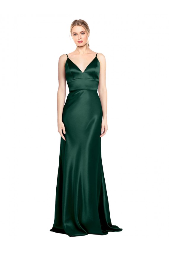 Vert Chasseur Fourreau Bretelles spaghetti Col V Satiné Stretch Longue Formelles Robes demoiselle d'honneur / Robes de soirée / Robes de bal à Vendre