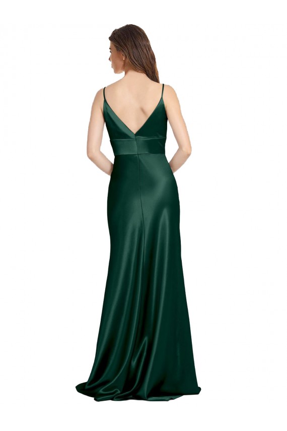Vert Chasseur Fourreau Bretelles spaghetti Col V Satiné Stretch Longue Formelles Robes demoiselle d'honneur / Robes de soirée / Robes de bal à Vendre