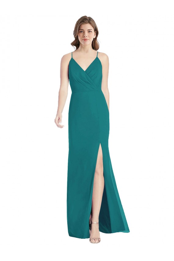 Vert Chasseur Sirène Bretelles spaghetti Col V Mousseline Longue Robes demoiselle d'honneur à Vendre