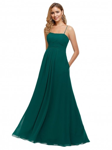 Vert Chasseur Trapèze Bretelles spaghetti Col Carré Mousseline Longue Robes demoiselle d'honneur à Vendre