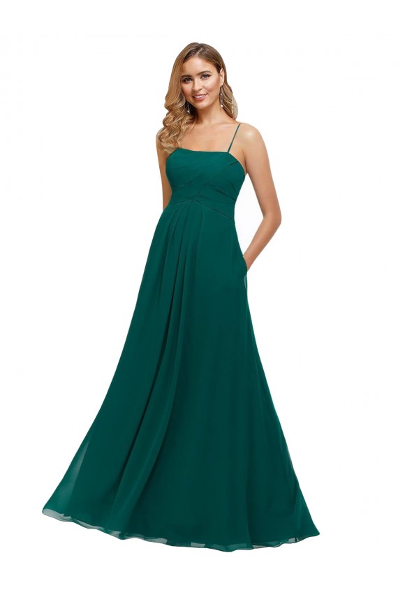 Vert Chasseur Trapèze Bretelles spaghetti Col Carré Mousseline Longue Robes demoiselle d'honneur à Vendre