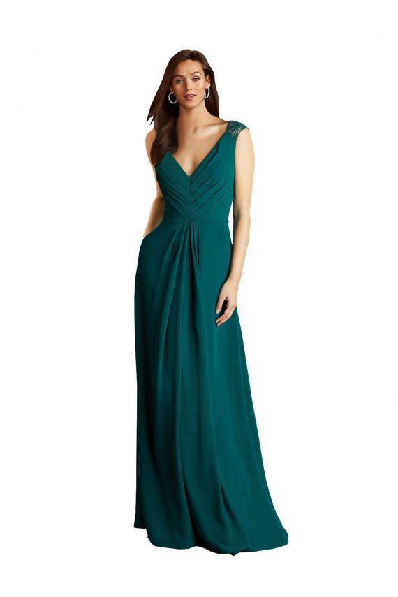 Vert Chasseur Trapèze Col V Mousseline Dentelle Longue Robes demoiselle d'honneur à Vendre