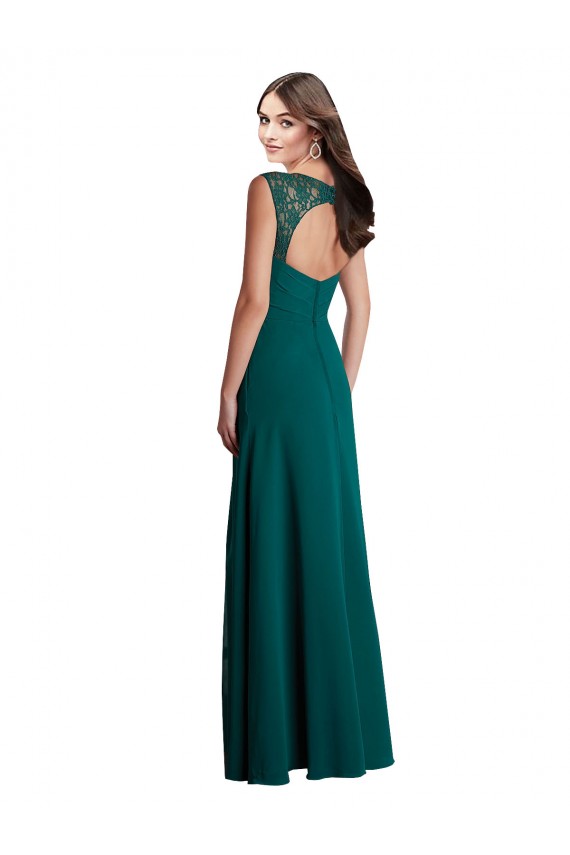 Vert Chasseur Trapèze Col V Mousseline Dentelle Longue Robes demoiselle d'honneur à Vendre