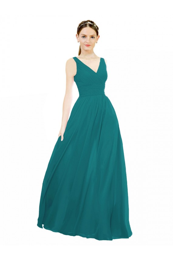 Vert Chasseur Trapèze Col V Mousseline Longue Robes demoiselle d'honneur à Vendre