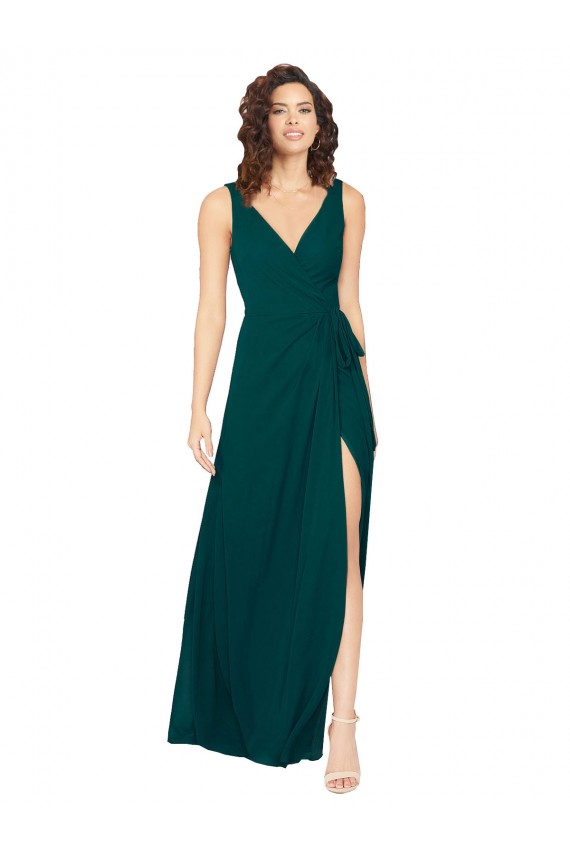 Vert Chasseur Trapèze Col V Mousseline Longue Robes demoiselle d'honneur à Vendre
