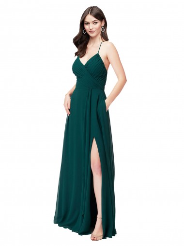 Vert Chasseur Trapèze Col V Mousseline Longue Robes demoiselle d'honneur à Vendre