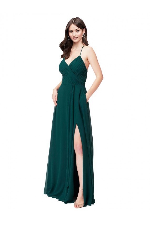 Vert Chasseur Trapèze Col V Mousseline Longue Robes demoiselle d'honneur à Vendre