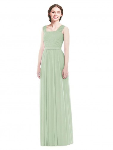Vert Sauge Trapèze Bretelles spaghetti Mousseline Longue Robes demoiselle d'honneur à Vendre