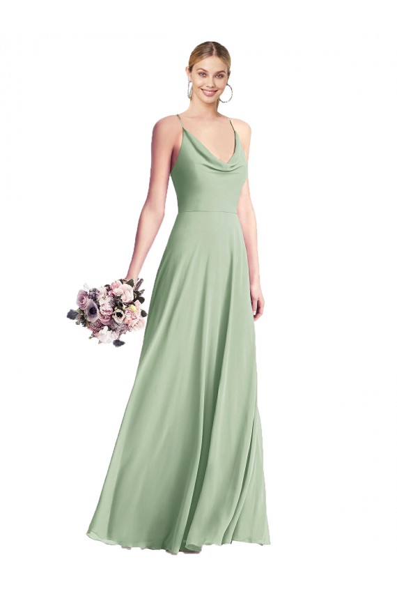 Vert Sauge Trapèze Bretelles spaghetti Mousseline Longue Robes demoiselle d'honneur à Vendre