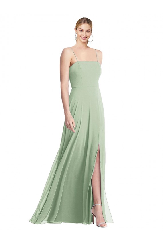 Vert Sauge Trompette Bretelles spaghetti Col Carré Mousseline Longue Formelles Robes demoiselle d'honneur / Robes de soirée à Vendre