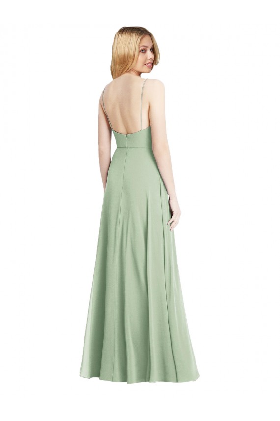 Vert Sauge Trompette Bretelles spaghetti Col Carré Mousseline Longue Formelles Robes demoiselle d'honneur / Robes de soirée à Vendre