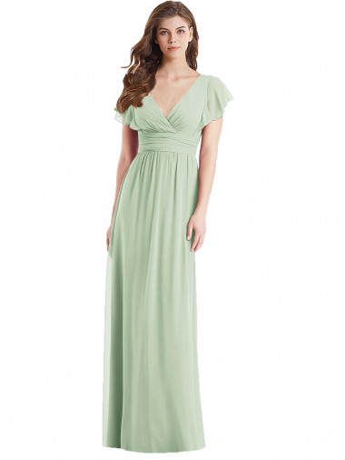 Vert Sauge Trompette Col V Mousseline Longue Robes demoiselle d'honneur à Vendre