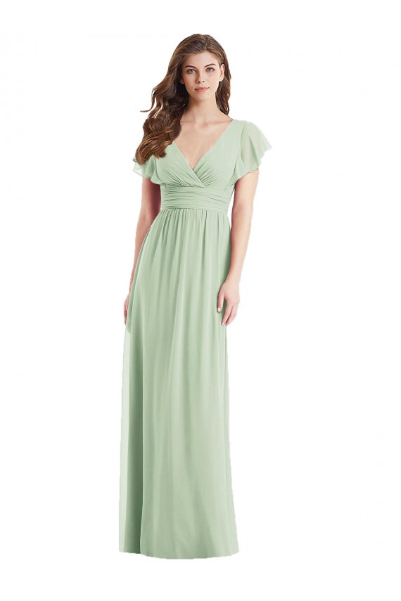 Vert Sauge Trompette Col V Mousseline Longue Robes demoiselle d'honneur à Vendre
