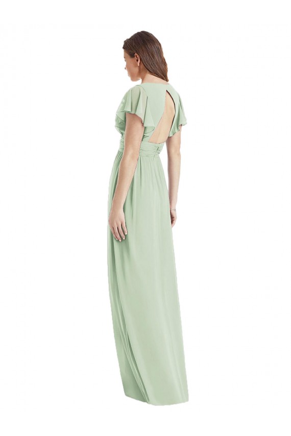 Vert Sauge Trompette Col V Mousseline Longue Robes demoiselle d'honneur à Vendre