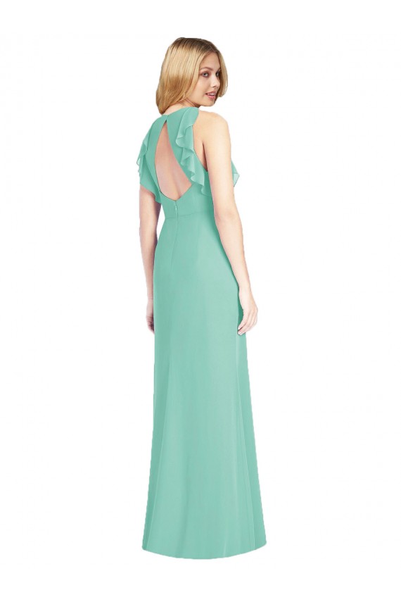 Vert de jade Sirène Col bijou Mousseline Longue Robes demoiselle d'honneur à Vendre