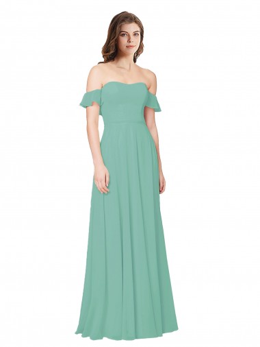 Vert de jade Trapèze Épaule Dénudée Mousseline Longue Robes demoiselle d'honneur à Vendre