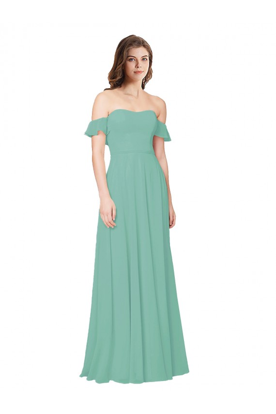 Vert de jade Trapèze Épaule Dénudée Mousseline Longue Robes demoiselle d'honneur à Vendre